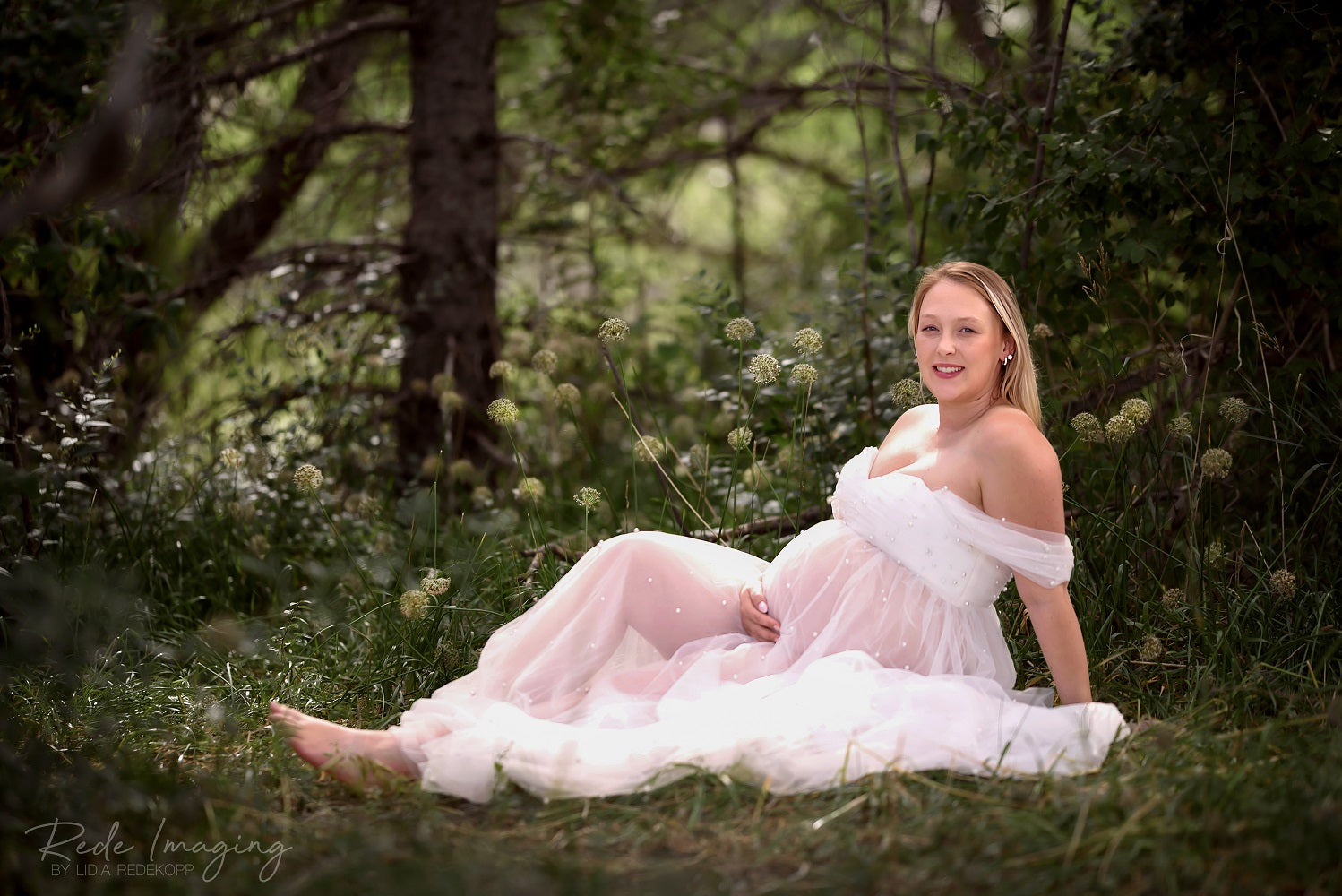Een Schouder Mesh Roze Zwangerschapsfotoshoot Jurk