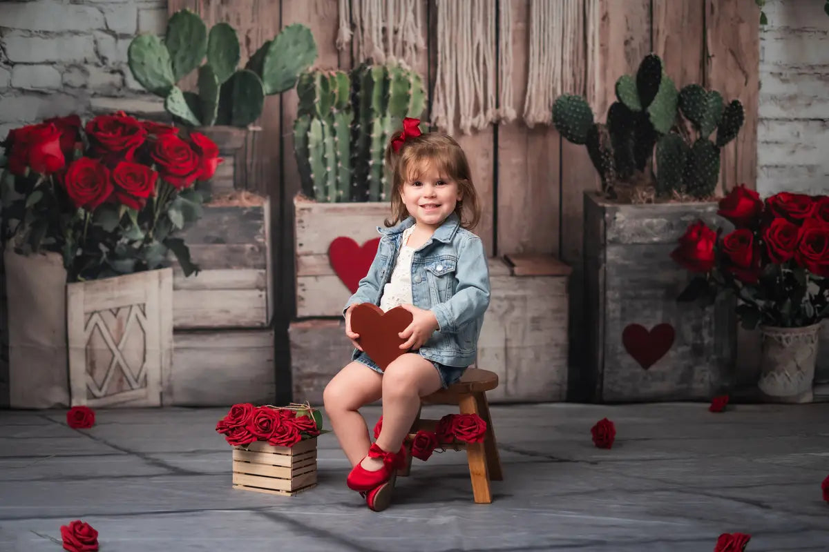Kate Valentine Boho Floral Cactus Rustic Backdrop+Stone Brick Gray Floor Backdrop