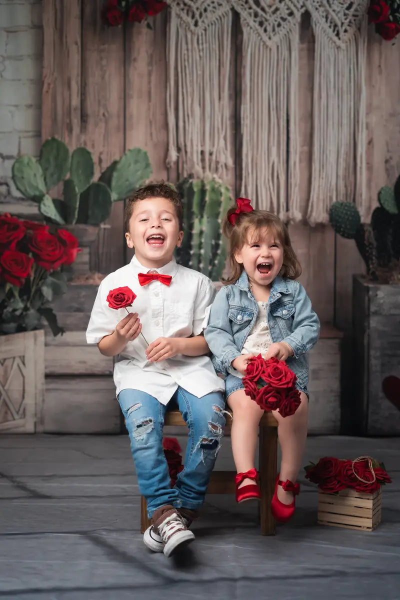 Kate Valentine Boho Floral Cactus Rustic Backdrop+Stone Brick Gray Floor Backdrop