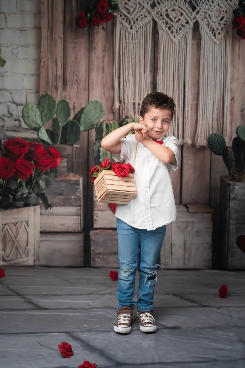 Kate Valentine Boho Floral Cactus Rustic Backdrop+Stone Brick Gray Floor Backdrop