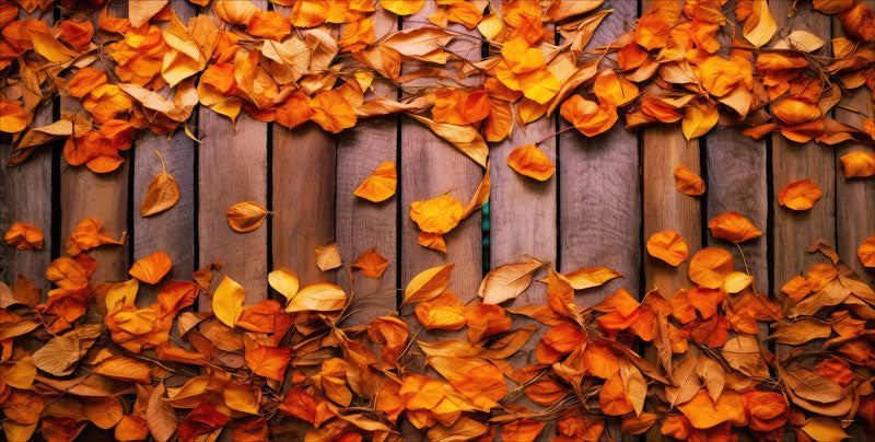 Kate Fall Brown Wood Floor with Large Orange Leaves Rubber Floor Mat designed by Mini MakeBelieve