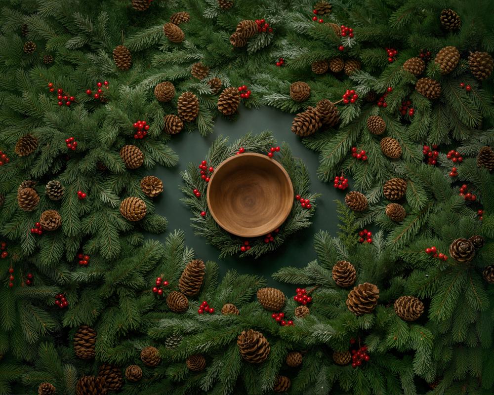 Kate Christmas Newborn Pine Wreath Bowl Pinecones Red Berries Rubber Floor Mat Designed by Chain Photography