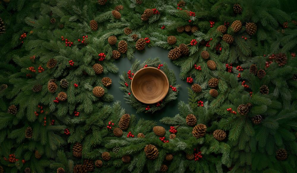 Kate Christmas Newborn Pine Wreath Bowl Pinecones Red Berries Rubber Floor Mat Designed by Chain Photography