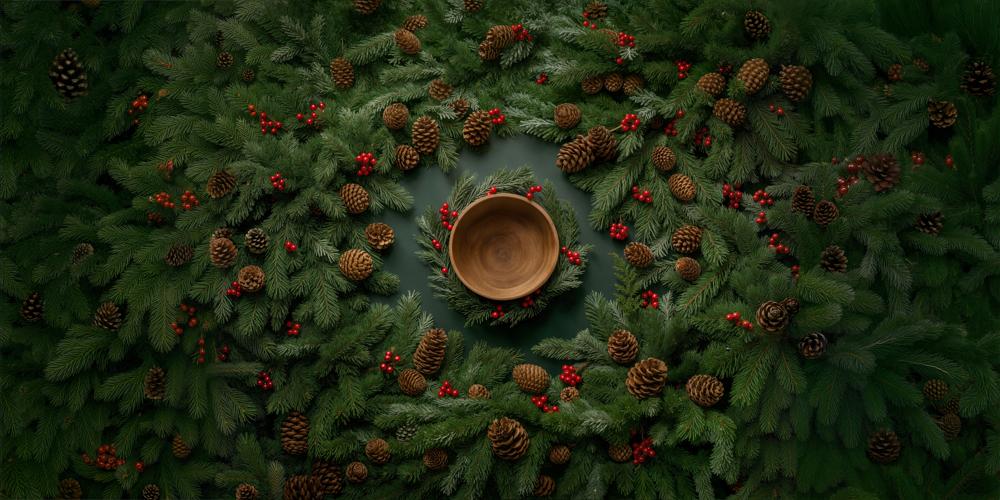 Kate Christmas Newborn Pine Wreath Bowl Pinecones Red Berries Rubber Floor Mat Designed by Chain Photography