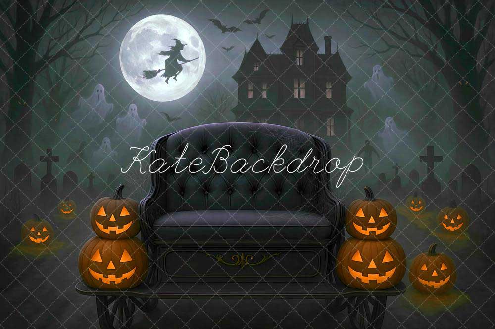 Kate Halloween Cemetery Pumpkins Haunted House Digital Backdrop by Mini MakeBelieve