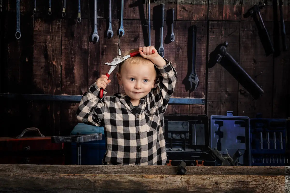 Kate Tool shelf against a table vintage garage backdrop for boy/Father's Day