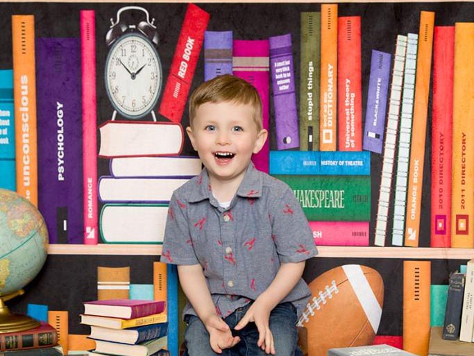 Kate Bookshelf Back to School/Graduation Backdrop Alarm Clock Colorful Books Photography children - Kate Backdrop