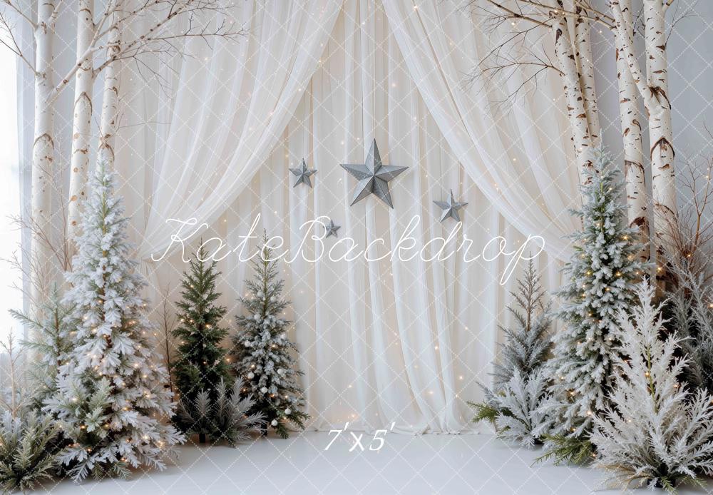 Kate Christmas Simple Curtains Winter White Birch Trees Printed Backdrop Designed by Mini MakeBelieve