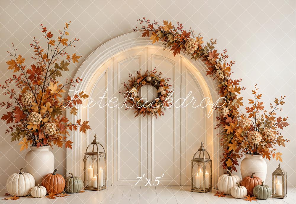 Kate Fall Beige Pumpkin Floral Arched Door Printed Backdrop Designed by Emetselch