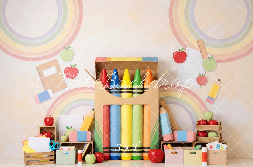 Kate Back To School Crayons Rainbow Apples Printed Backdrop Designed by Patty Roberts