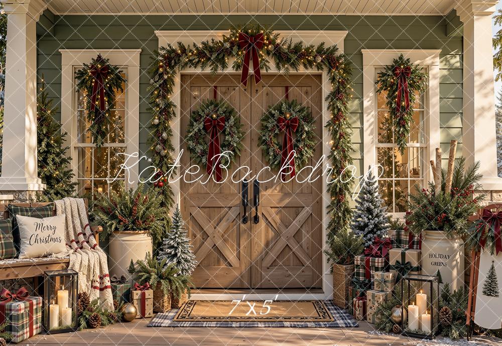 Kate Christmas Rustic Wood Front Door Garland Wreaths Blanket Printed Backdrop Designed by Shutter Swan Studios