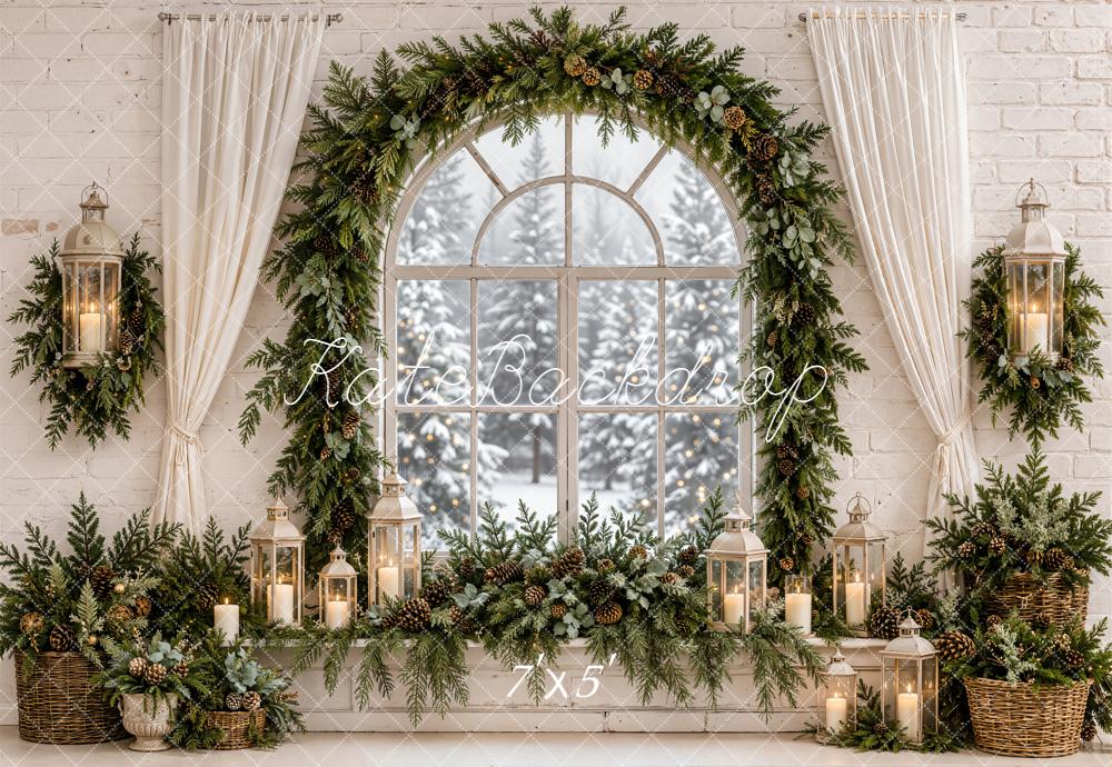Kate Christmas Evergreen Garland Arched Window Lanterns Printed Backdrop Designed by Emetselch