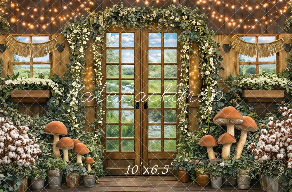 Kate Spring Mushroom Garland Fairy Lights Rustic Cottage Printed Backdrop Designed by Mini MakeBelieve