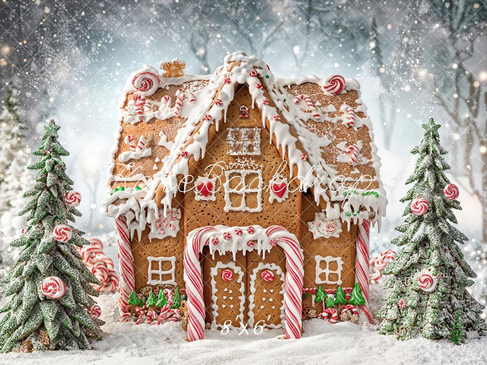 Kate Christmas Tree Gingerbread Candy House Snow Backdrop Designed by Emetselch