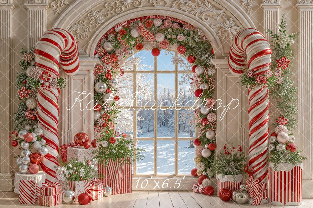 Kerst Snoepstok Retro Boogvenster Foto Achtergrond Designed by Emetselch