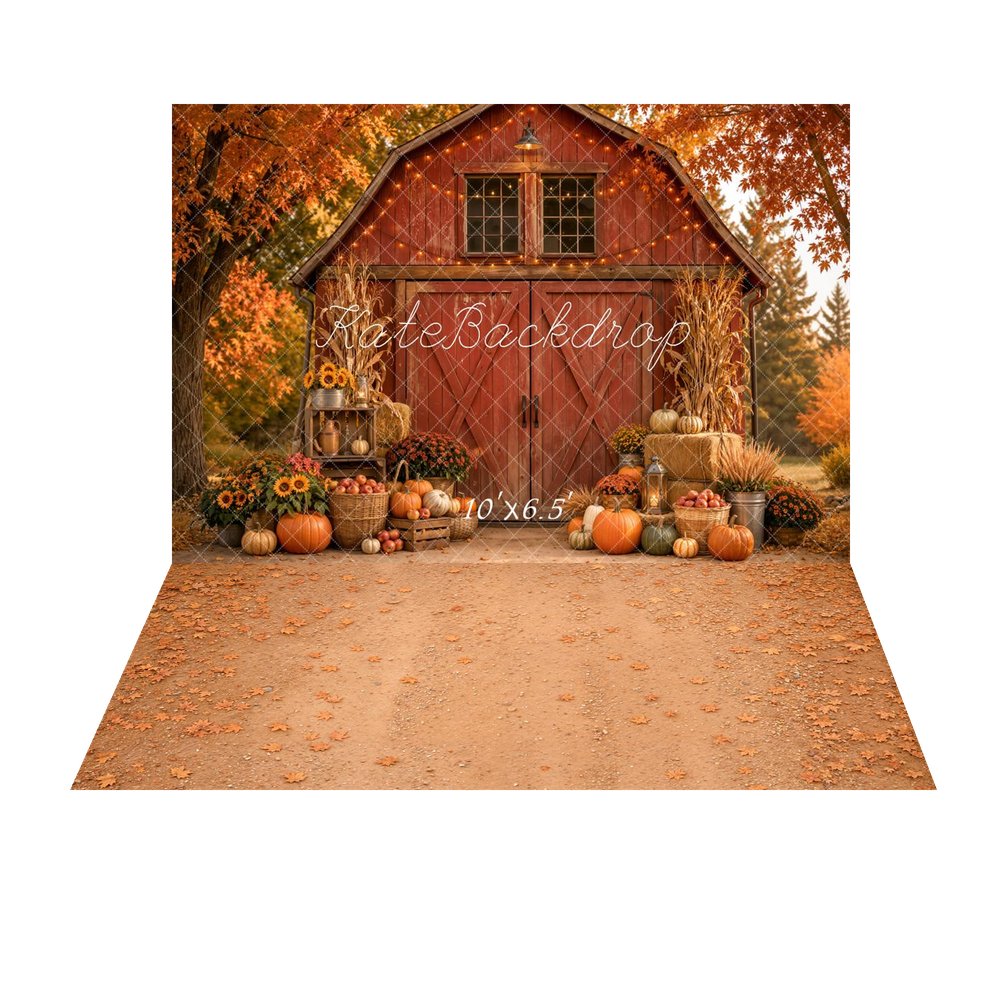 Kate Fall Red Barn Pumpkin Sunflower Cornstalk Apple Lantern Printed Backdrop+Fall Maple Leaves Floor Backdrop Printed Backdrop