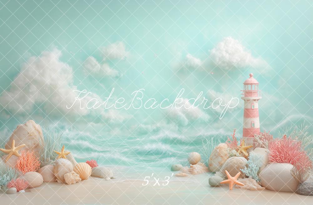 Kate Beach Pastel Lighthouse Starfish Seashells Printed Backdrop Designed by Angela Miller