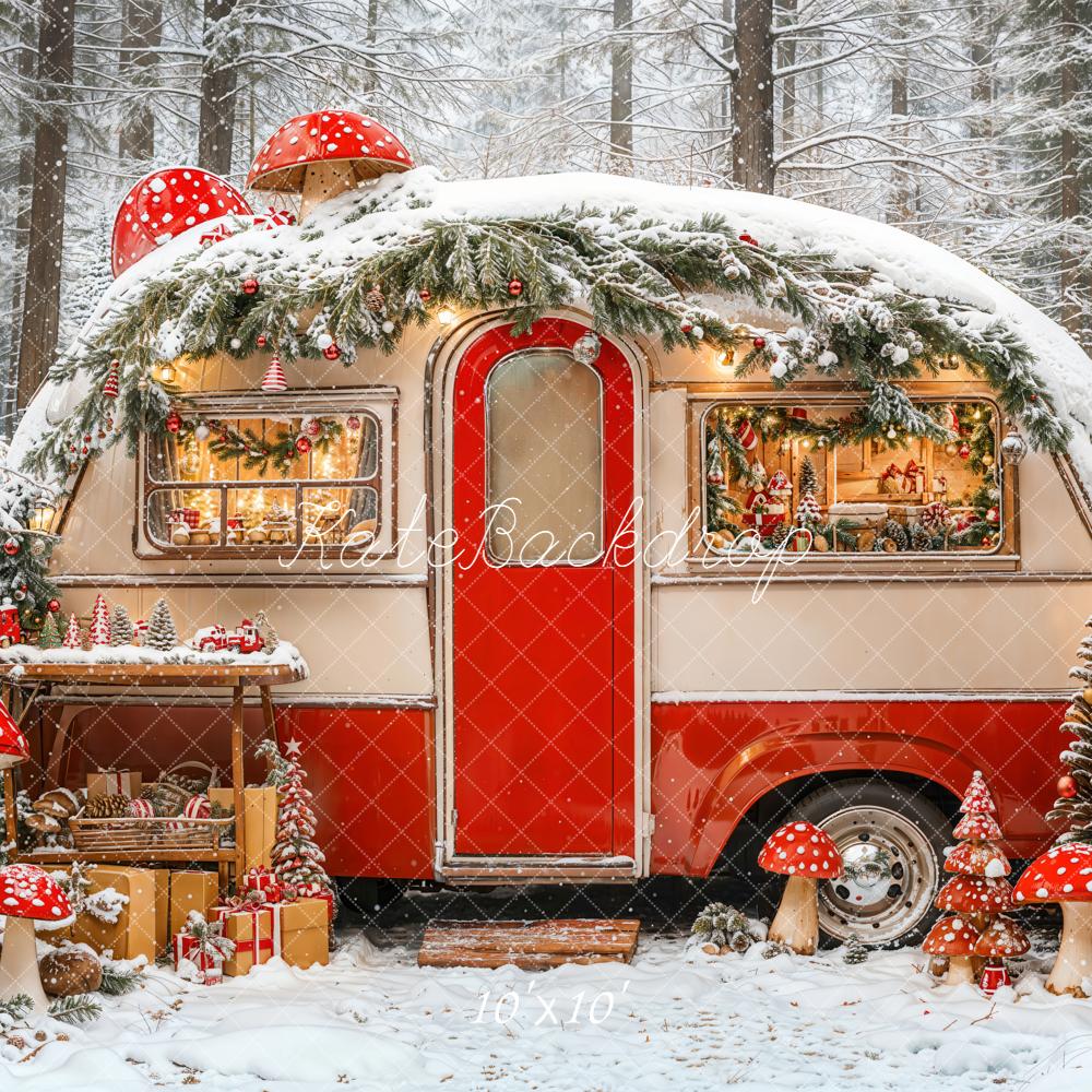Kate Christmas Red Camper Mushrooms Snowy Forest Backdrop Designed by Emetselch