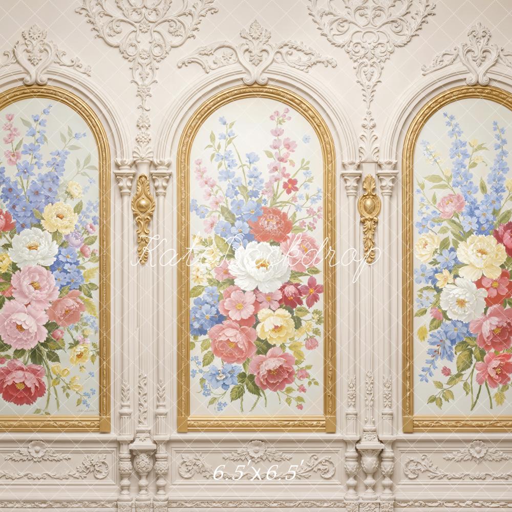 Kate Spring Floral Gold Ornate Arch Vintage Wall Printed Backdrop Designed by Emetselch