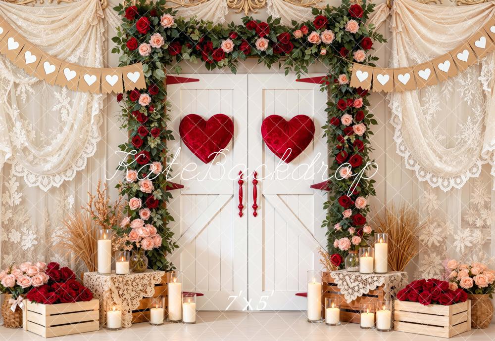 Kate Valentine's Day White Doors Heart Flower Arch Printed Backdrop Designed by Mini MakeBelieve