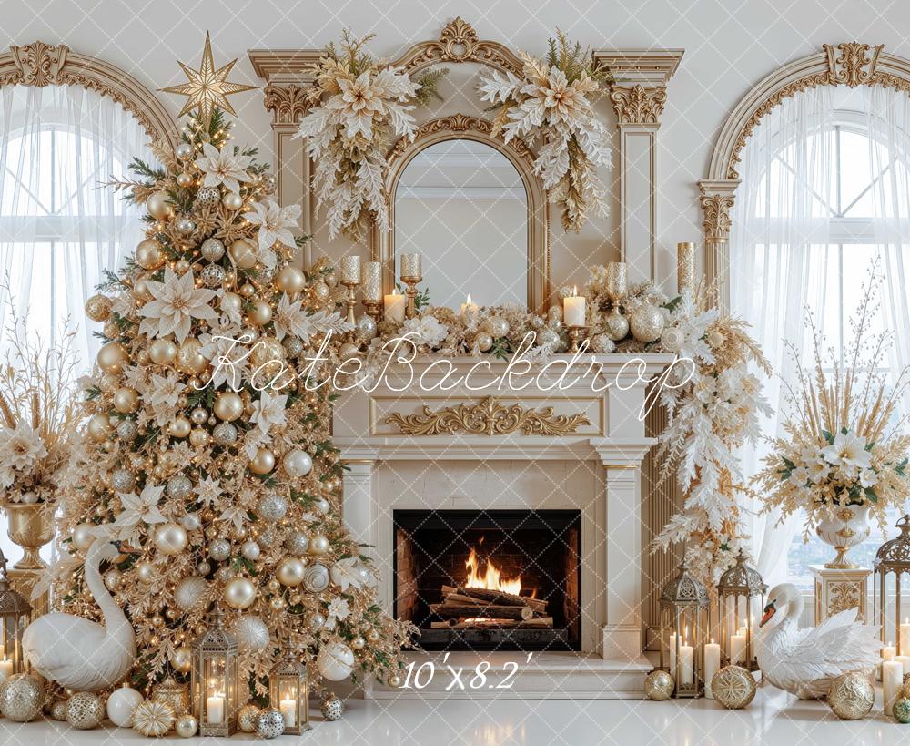 Kate Christmas Tree Luxury Gold Fireplace Garland Poinsettia Printed Backdrop Designed by Mini MakeBelieve