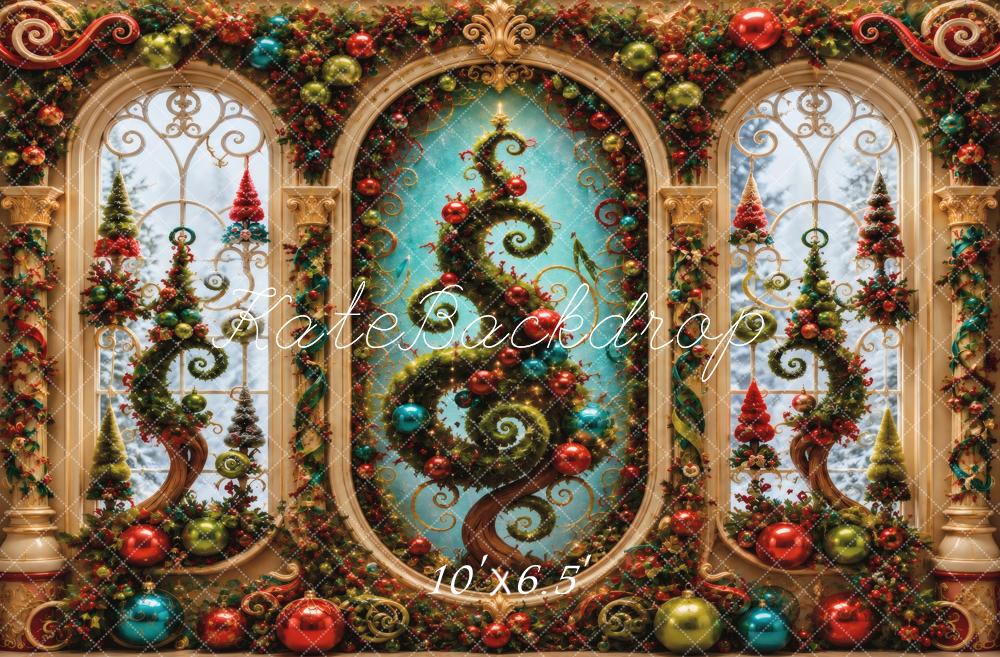 Kate Christmas Swirled Trees Ornaments Garland Windows Printed Backdrop Designed by Vertigo Productions