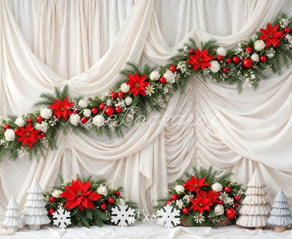 Kate Christmas Red Poinsettia Garland Cream Drapes Printed Backdrop Designed by Mini MakeBelieve