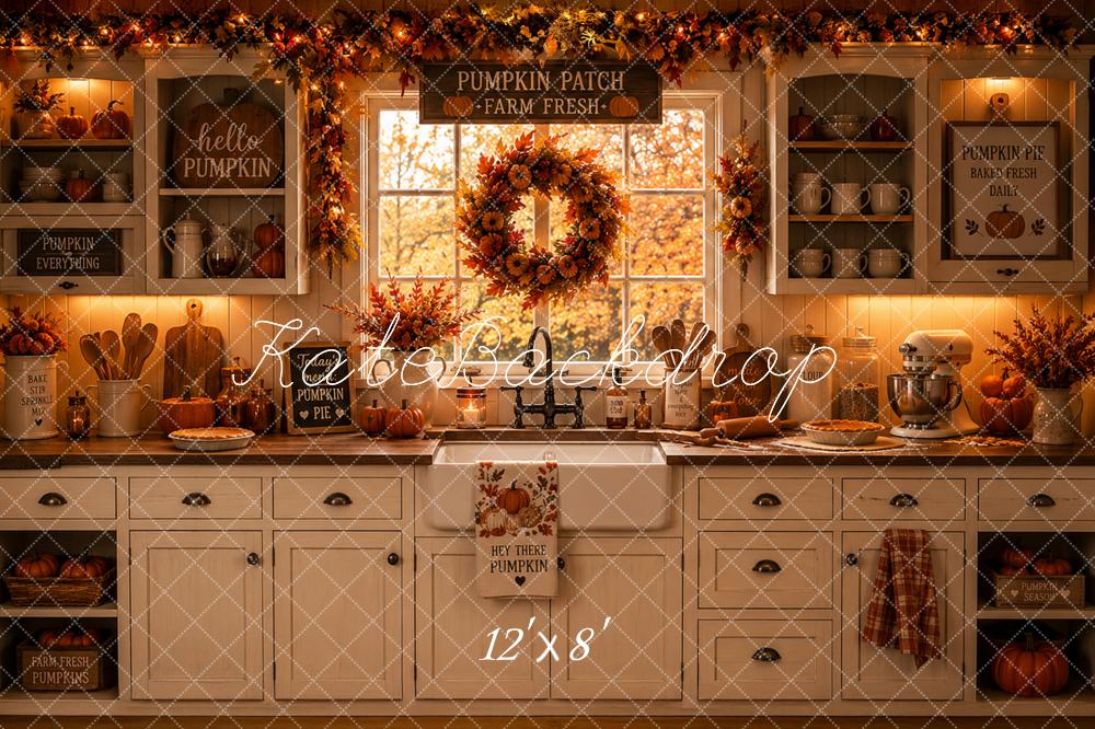 Kate Fall Pumpkin Farmhouse Kitchen Wreath Window Printed Backdrop Designed by Caitlin Lynch