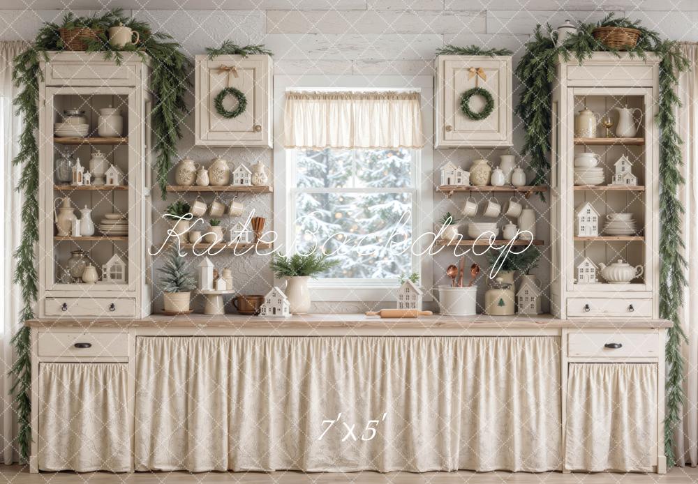 Kate Christmas Farmhouse Kitchen Cabinet Shelf White Printed Backdrop Designed by Mini MakeBelieve