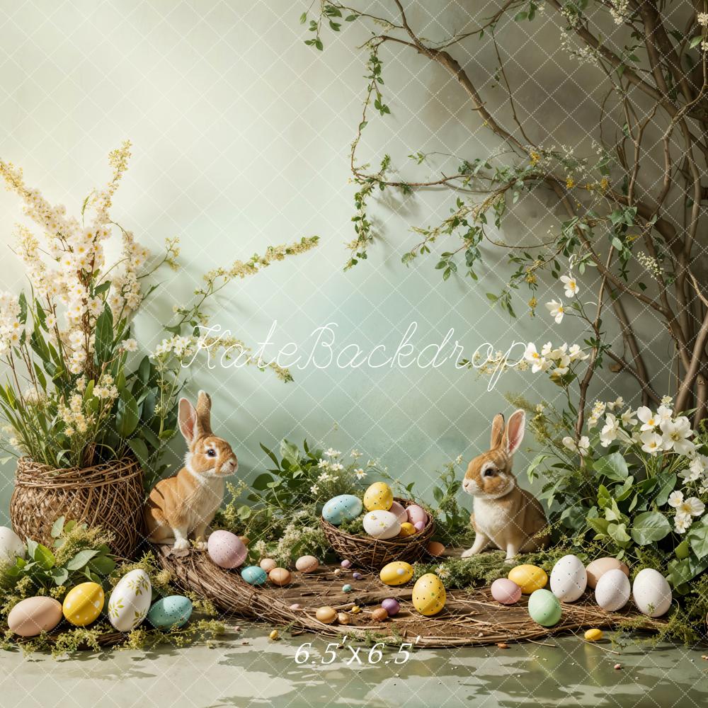 Kate Easter Bunny Pastel Eggs Floral Nest Printed Backdrop Designed by Emetselch