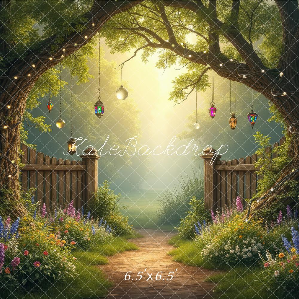 Kate Fairy Fantasy Garden Trees Lanterns Path Printed Backdrop Designed by Laura Bybee