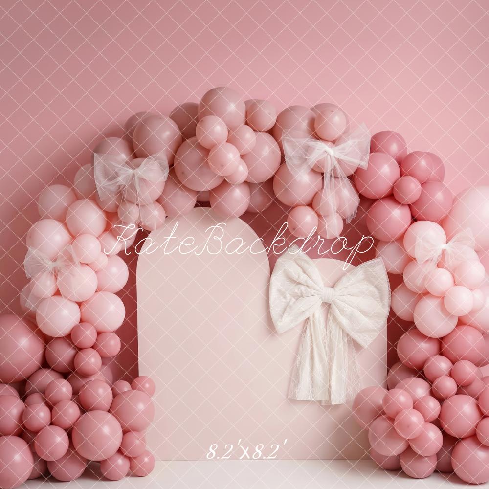 TEST Kate Cake Smash Pink Balloon Arch and White Bow Printed Backdrop Designed by Patty Roberts