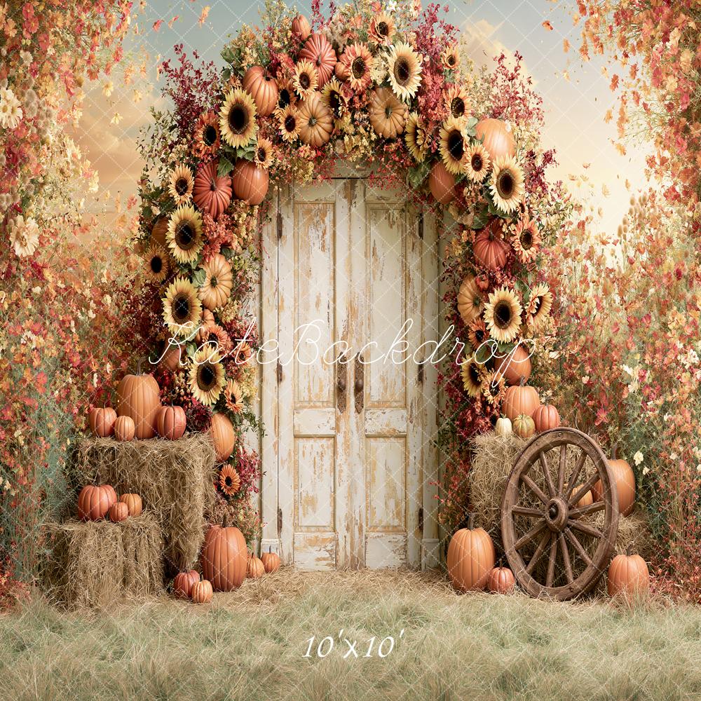 Kate Fall Flower Arch Pumpkin Sunflower Rustic Door Country Printed Backdrop Designed by Angela Miller