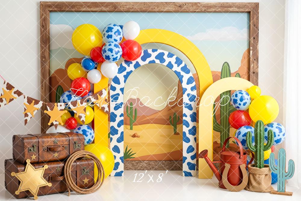 Kate Cake Smash Western Cow Arch Cactus Balloons Printed Backdrop Designed by Mini MakeBelieve