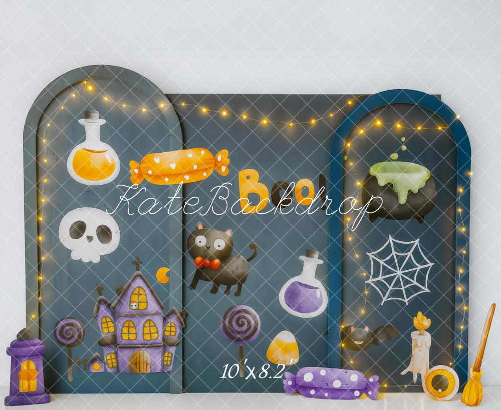 Kate Halloween Castle Cat Cauldron Candy Skull Potion Arch Backdrop Designed by Patty Roberts