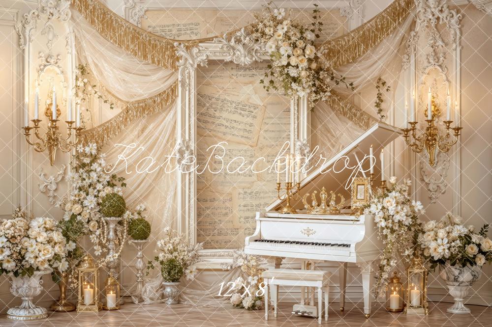 Kate Spring Ivory Grand Piano Floral Framed Printed Backdrop Designed by Mini MakeBelieve