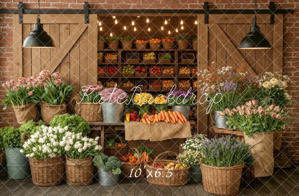 Kate Flower Market Fruits Vegetables Rustic Barn Brick Wall Printed Backdrop Designed by Emetselch