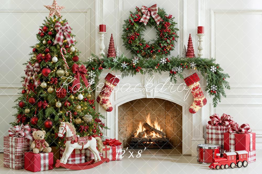 Kate Christmas Fireplace Red Plaid Tree Wreath Gifts Snowflakes Printed Backdrop Designed by Mini MakeBelieve