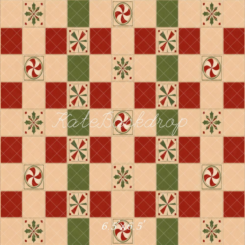 Kate Christmas Patchwork Peppermint Holly Checkerboard Floor Printed Backdrop Designed by Vertigo Productions