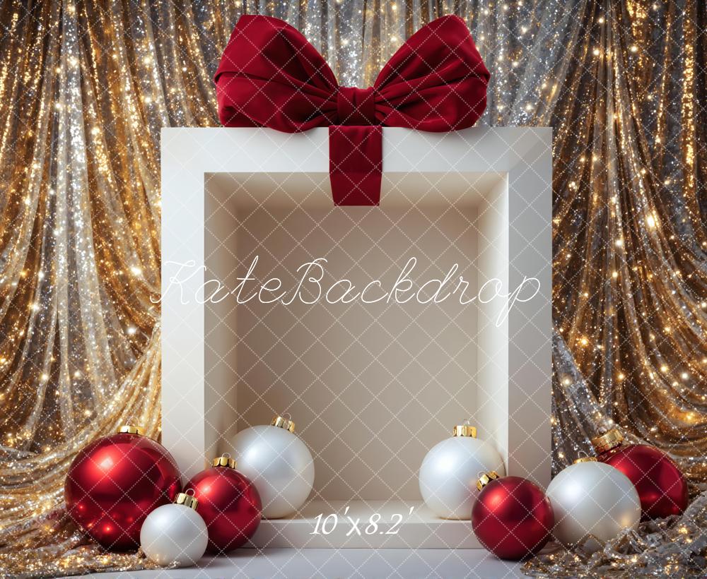 Kate Christmas Gift Box Red Bow Ornaments Gold Glitter Drapes Printed Backdrop Designed by Mini MakeBelieve