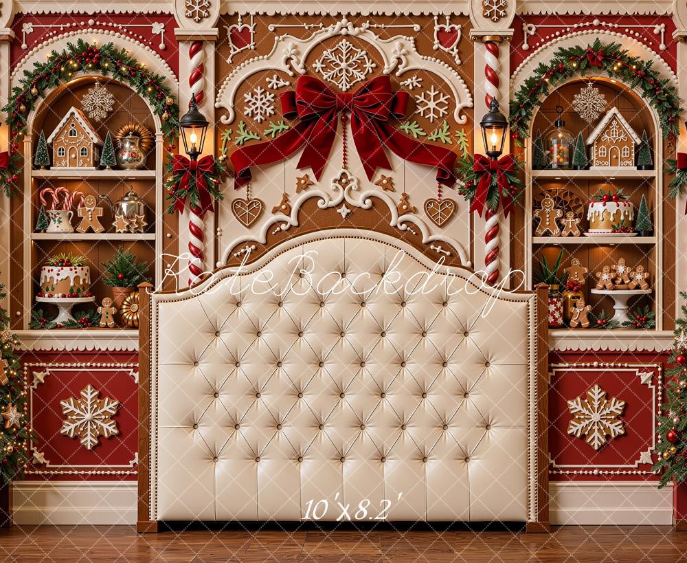 Kate Christmas Gingerbread Headboard Trees Shelves Bow Printed Backdrop Designed by Shutter Swan Studios