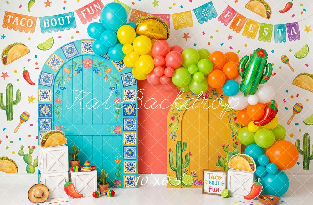 Kate Cake Smash Mexico Taco Fiesta Balloon Arch Cactus Printed Backdrop Designed by Patty Roberts