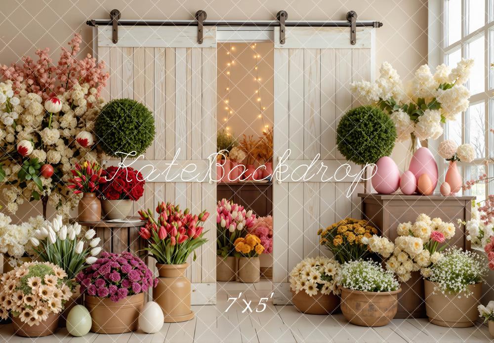 Kate Easter Flowers Pink Eggs Barn Door Printed Backdrop Designed by Mini MakeBelieve