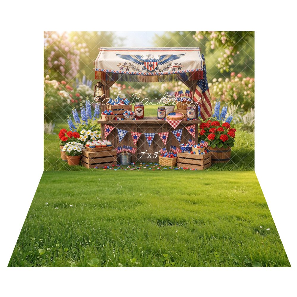 Kate 4th Of July Patriotic Stand American Flag Cupcakes Flowers Printed Backdrop+Summer Green Grass Floor Mat