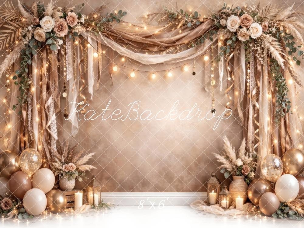 Kate Boho Draped Flower Arch Balloons Champagne Printed Backdrop Designed by Vertigo Productions