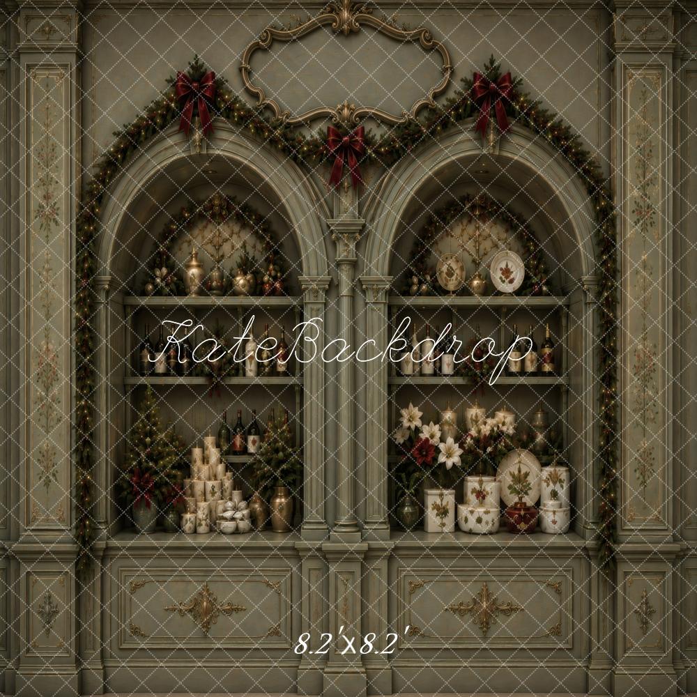 Kate Christmas Vintage Green Cabinet Garland Printed Backdrop Designed by Vertigo Productions
