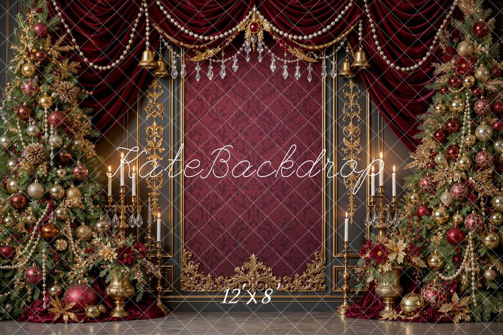 Kate Christmas Trees Ruby Burgundy Gold Drapes Vintage Wall Printed Backdrop Designed by Shutter Swan Studios