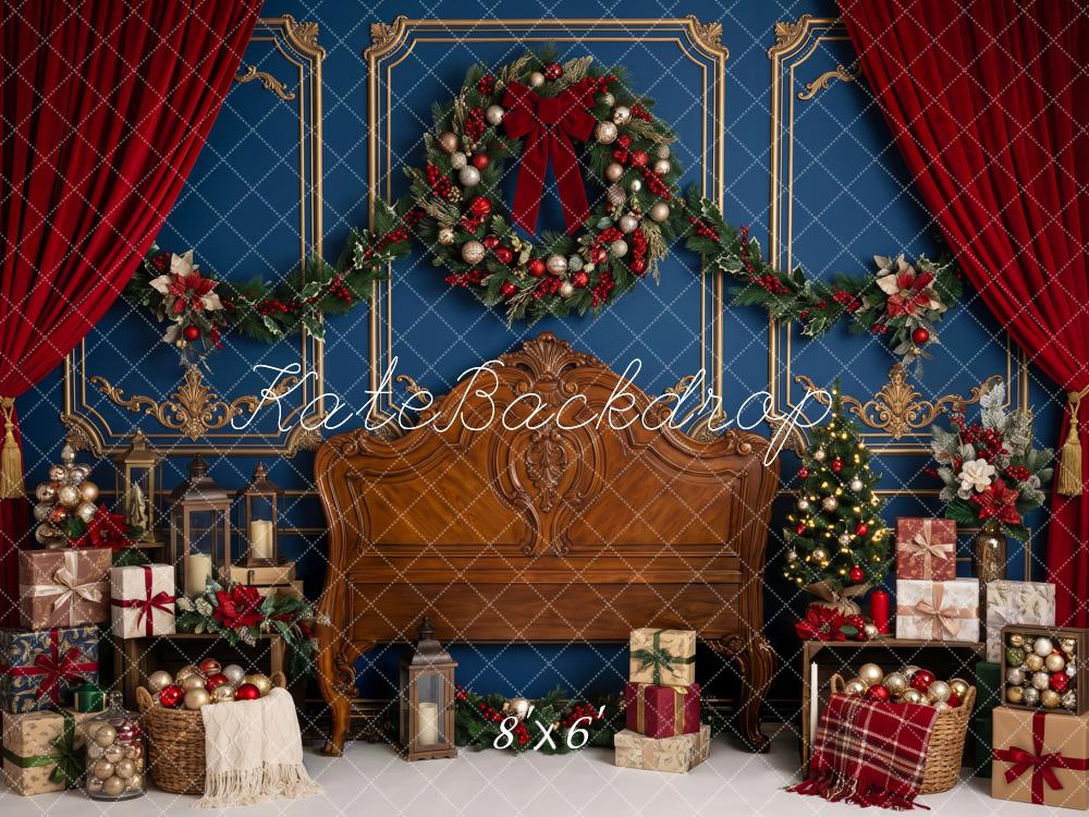 Kate Christmas Headboard Wreath Red Curtains Gifts Printed Backdrop Designed by Patty Roberts