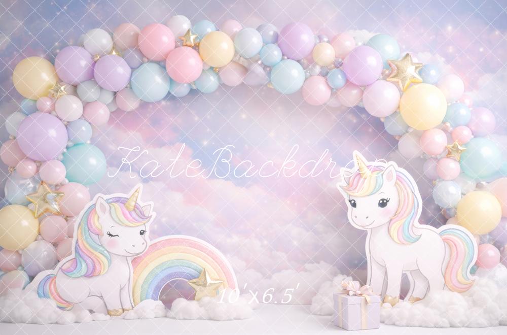 Kate Cake Smash Unicorn Rainbow Pastel Balloon Arch Clouds Backdrop Designed by Megan Leigh Photography