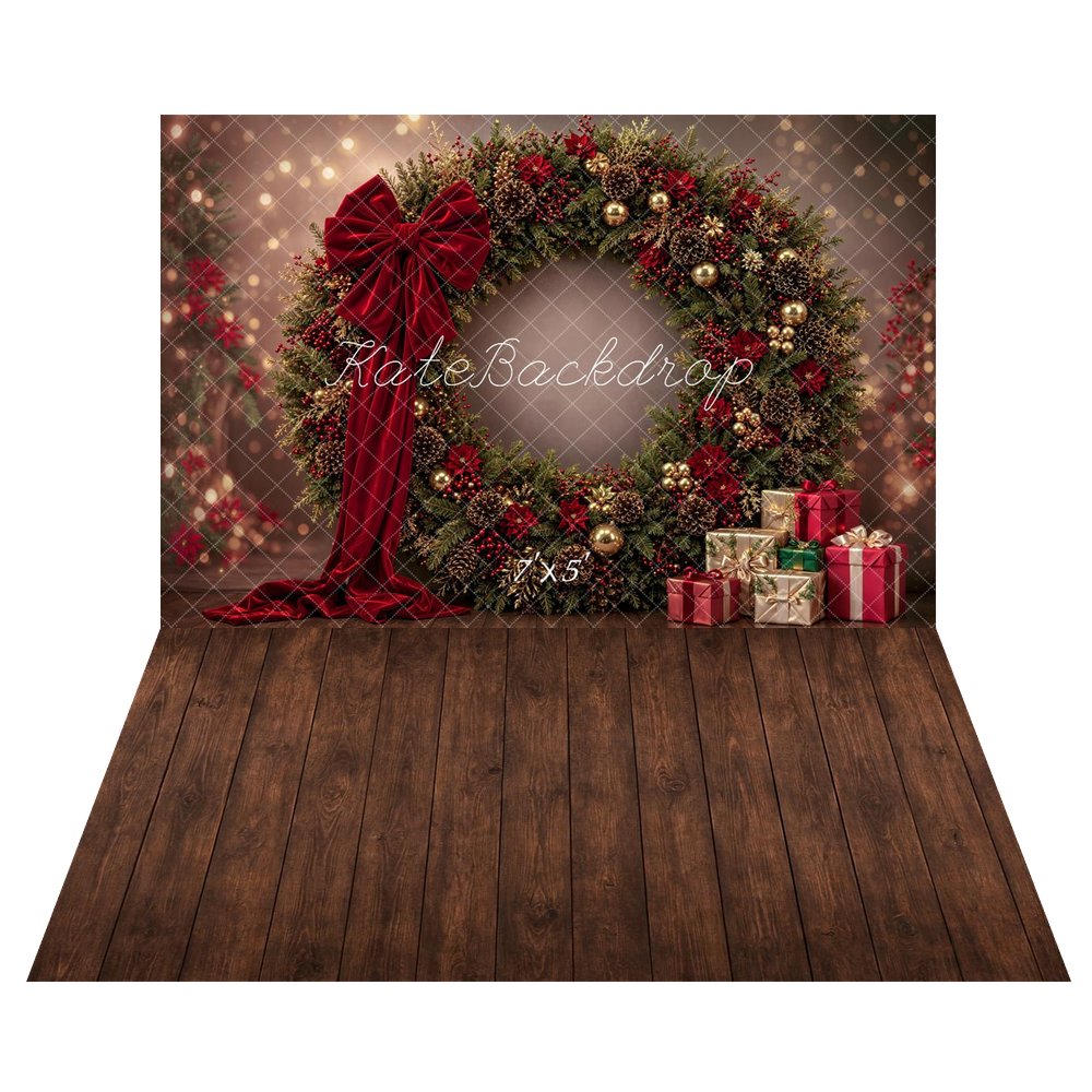 Kate Christmas Large Wreath Red Bow Presents Printed Backdrop+Brown Wood Floor Printed Backdrop